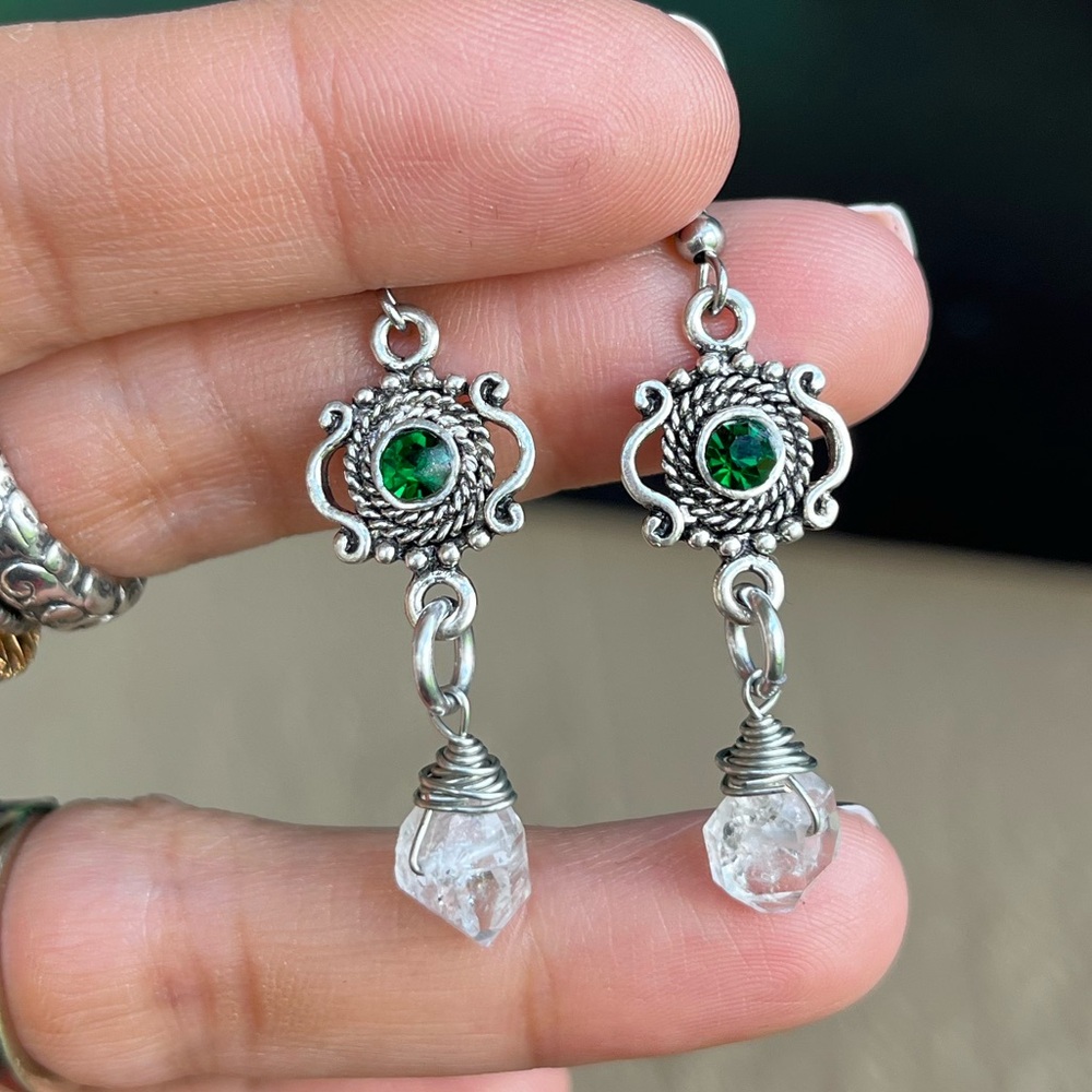 Genuine herkimer diamonds crystal quartz green cz emerauld dangly boho earrings - Picture 8 of 11
